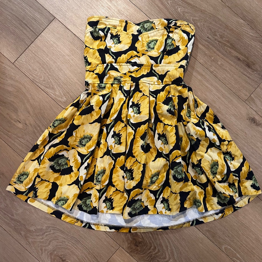 Ixia Yellow Poppy Floral Strapless Mini Dress Sweetheart Fit Flare Small USA